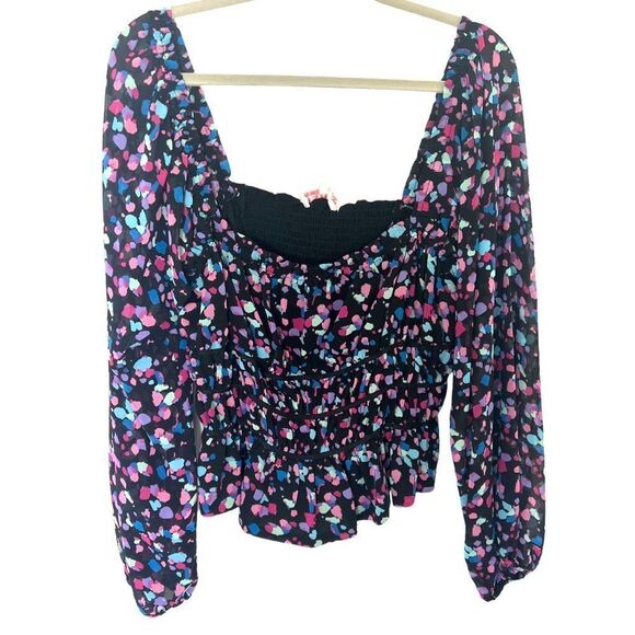 Leyden Tops - LeyDen Long Sleeve Off the Shoulder Ruffle Shirred Crop Top in Kaleidscope